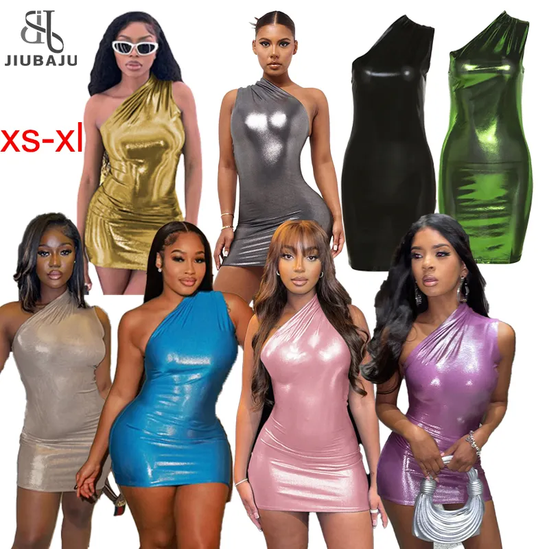 Sexy Shiny Solid Mini Dress Women Fashion Diagonal Collar Sleeveless Body-Shaping Pag Hip Dresses
