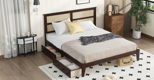 Modern King Size Adjustable Bed with Rattan <b>Headboard</b> Two Storage Drawers Oak Frame Enhanced Support Slats Feet 5-Year Warranty - Product Image 4