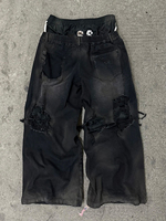 Jean évasé vintage délavé et vieilli Yingling pour homme, coupe droite, double ceinture, imprimé, style hip-hop