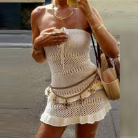 Nouvelle Robe Courte de Plage en Chiffon Tricoté Creux Coupe Trapèze Sexy à Épaules Dénudées Ajustement Classique Été Tendance Unie avec Volants Mini Robe