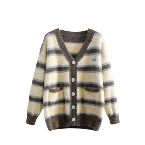 Dalang Sweater Factory Striped <b>Cardigan</b> For Women Autumn Winter Thickened Loose Fit Knitted Sweater Apricot Group - Product Image 5