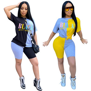 Mujer Casual 2 piezas traje de manga corta carta impresión camisetas <span class=keywords><strong>Faldas</strong></span> Pantalones cortos conjunto - Product Image 4