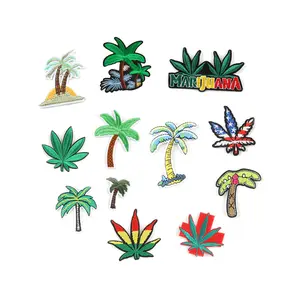 Hete Verkoop Tropische Plant Marijuanas Leaf Esdoorn Kokospalmboom Ontwerp Geborduurd Ijzer Op Patches Voor Kleding