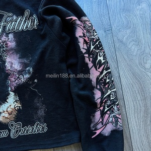 Chemises à manches longues en tricot gaufré surdimensionnées personnalisées, T-shirts imprimés à épaules tombantes pour hommes, tricot gaufré thermique à manches longues - Product Image 3