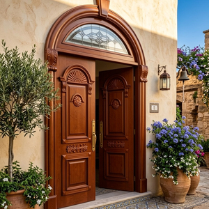 Puerta Doble de Entrada Exterior para Villa, Modelo GA-03F, de Madera Cengal Resistente y Sólida, con Panel Superior de Vidrio - Product Image 2