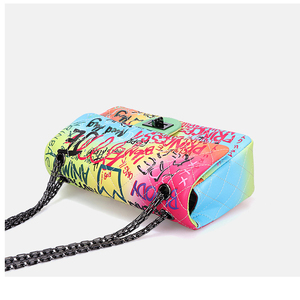 Sac bandoulière personnalisé en cuir PU pour femme, nouveau sac à main de créateur couleur arc-en-ciel, sac à bandoulière graffiti pour femme, sac à main - Product Image 6