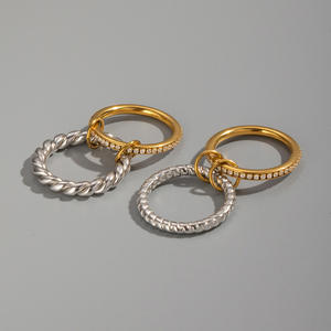 Anillos de Oro para Mujer, Joyería de Acero Inoxidable con Incrustaciones de Diamantes de Imitación, Diseño Geométrico en Capas, Estilo Moderno - Product Image 5