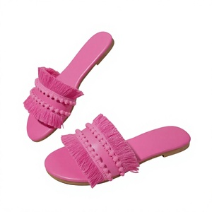 Sandales plates à franges roses pour femmes, sandales ouvertes pour la plage, chaussures d'été pour les vacances - Product Image 3