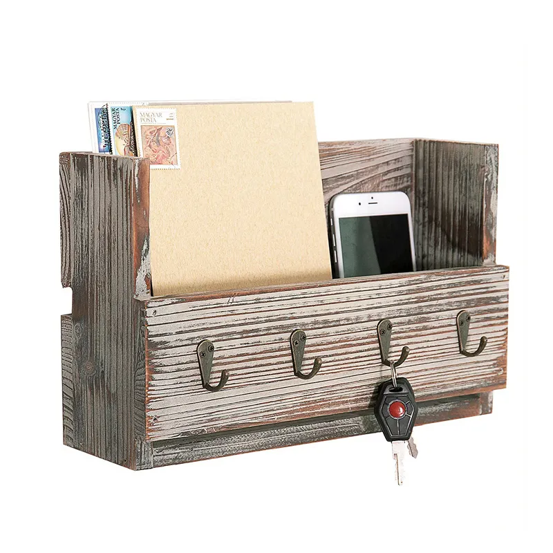 Wall Mail Organizer Pine Wood Rustic Gray Storage wall mounting shelves mail and key wall shelf for living room