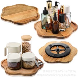 Wooden Rotating <b>Tray</b> <b>Storage</b> Organizer For Bathroom Toiletries And Kitchen Condiments Irregular Shape Non Slip Base - Product Image 2