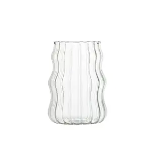 High Borosilicate Lazzy Cute House Glass Cup New Design Handmade Coffee Glass Cup Wave Stripe Line Shape Glass Cup For Coffee