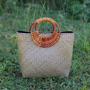 Vintage Handmade Ladies Tote <b>Bag</b> Linen Cotton Fabric Lining <b>Straw</b> <b>Bag</b> for Holiday Travel - Product Image 3