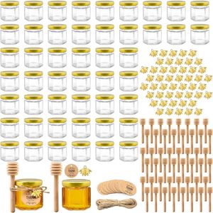 Bán Buôn Độc Đáo <span class=keywords><strong>45Ml</strong></span> Ủng Hộ Đảng Ủng Hộ Mật Ong <span class=keywords><strong>Jar</strong></span> Mini Hình Lục Giác Thủy Tinh Mật Ong <span class=keywords><strong>Jar</strong></span> Với Gáo Bằng Gỗ - Product Image 1