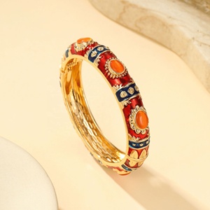 Wholesale Inlaid Cloisonne Enamel Alloy Wide Bangle Gold Plated Color Block Geometric Spring Hinged Bracelet Women Chinese - Product Image 4