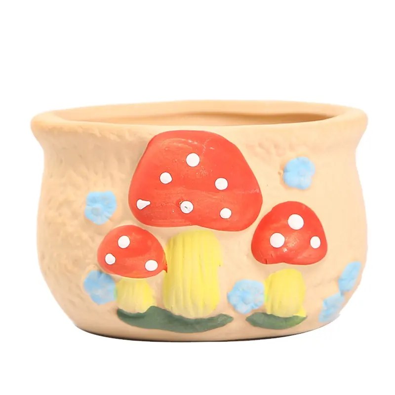 3a53-pot bunga keramik vegetarian digambar tangan pot bunga sukulen Oval warna-warni jamur dengan lubang