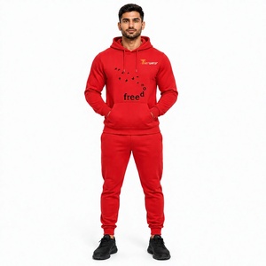 Ensemble de survêtement rouge à capuche pour homme, sweat-shirt et pantalon en coton à manches longues, tenue décontractée d'automne avec motif imprimé sur le devant - Product Image 1