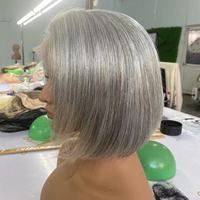 Pelucas frontales de encaje personalizadas en gris salpimado, cabello humano virgen, peluca frontal de encaje suizo HD 13*4 sin pegamento, peluca bob con cierre HD 5*5