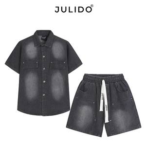 Conjunto vaquero corto de sarga para hombre de verano al por mayor, conjunto corto de dos piezas con botones a la moda, conjunto Vaquero de algodón transpirable - Product Image 3