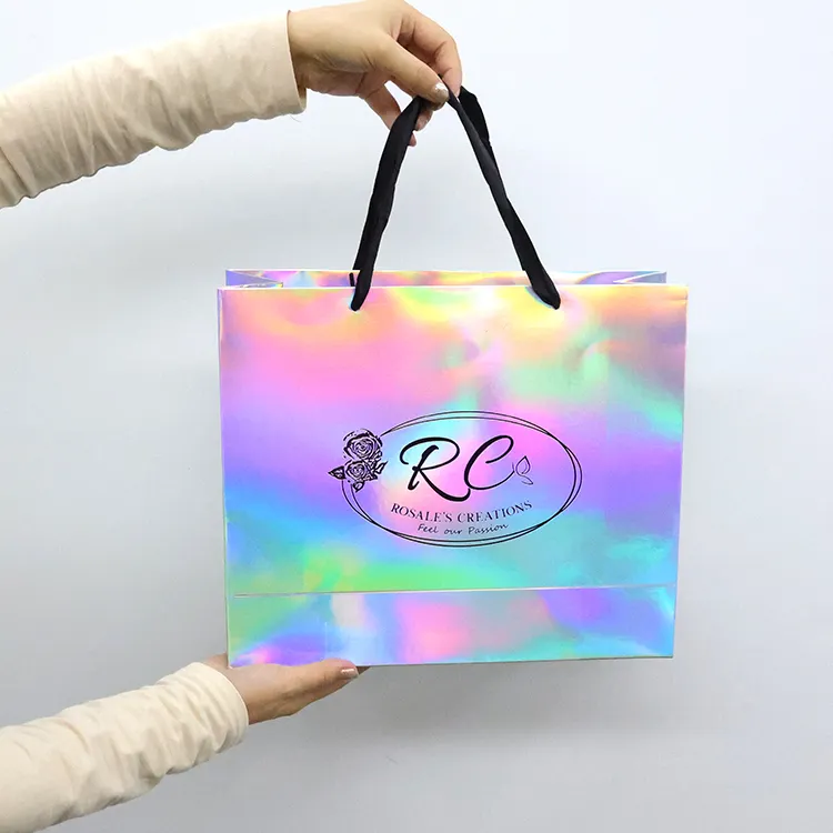 Custom Glitter Paper Bags Fabricante Para Embalagem De Presente Laser Cut Presente Sacos De Papel Holográficos Com Alças