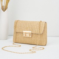 Handgefertigte Bohemian Casual Tragetasche aus Stroh mit Blumendruck, Canvas, Strickmaterial, Reißverschluss, Rattan, Goldkette, für Damen, Hochzeit, Langlebig