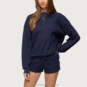 <strong>Women's</strong> Waffle Knit Loungewear Set Long Sleeve <strong>Henley</strong> <strong>Top</strong> and Drawstring Shorts Casual 2 Piece Outfit Soft Fabric - Product Image 1