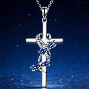 Female Crystal White Blue Zircon Stone Butterfly Cross Pendant Necklace Earrings Vintage Silver Color Wedding Jewelry for Women - Product Image 4