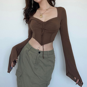 Kleines T-Shirt mit V-Ausschnitt Fishbone Waist Irregular Slim <span class=keywords><strong>Draw</strong></span> Plissee Crop Top - Product Image 4