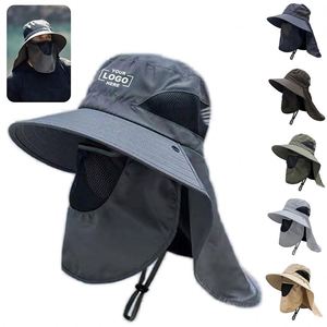 Custom Outdoor Unisex Wide Brim Quick Dry Sports <b>Cap</b> <b>Hiking</b> Fishing UV Protection 100% Polyester Bucket Hat With Face Cover - Product Image 1