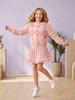 Ensemble deux pièces de haute qualité pour adolescentes : pull en peluche rose + jupe plissée - Vêtements d'hiver élégants et chauds pour adolescentes