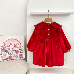 Abito Natalizio per Bambine con Colletto a Bambola, Maniche Lunghe Rosse, <span class=keywords><strong>Vestito</strong></span> a Linea A per Autunno e Primavera - Abito Morbido per Bambini - Product Image 5