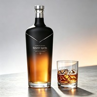 Bouteille à whisky en verre noir mat dégradé de 700 ml de qualité supérieure avec impression et bouchons pour spiritueux, liqueurs, vodka, cocktails, brandy, alcool