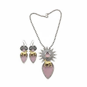 Two Tone <b>Silver</b> Plated Zinc Alloy <b>Long</b> Necklace and <b>Earring</b> Set for Women and Girls Wedding Bridal Ethnic Wear - Product Image 2