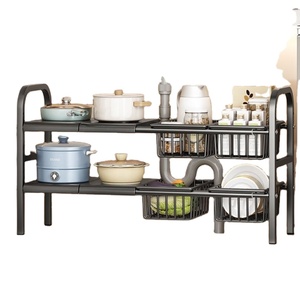 Carbon Steel Double Tier Standing <b>Kitchen</b> <b>Storage</b> Rack Organizer Removable Tray <b>Storage</b> <b>Unit</b> Multifunction Cleaning Tools - Product Image 1