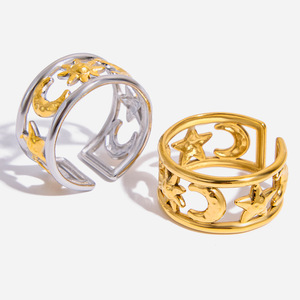 Star <b>Moon</b> Openwork <b>Ring</b> 18K Gold Stainless Steel Unisex Fashion Jewelry Gift - Product Image 1