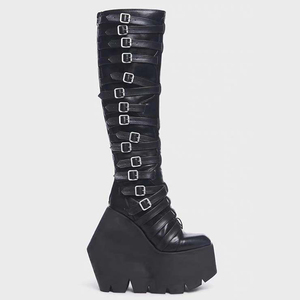 Women Super High Wedge Heels Knee High <b>Boots</b> Belt Buckles Thick Platform Long <b>Boots</b> Punk Styles Y2K Style Back Zipper Shoes - Product Image 6