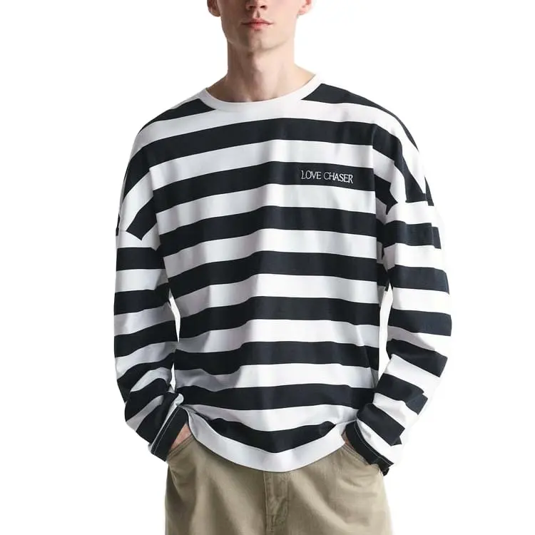 QYOURECLO T-shirt sérigraphie personnalisée surdimensionné coupe régulière Style doux rayé à manches longues strie 95 coton 5 élasthanne t-shirt