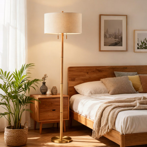 Floor Lamp Bamboo Off <b>White</b> <b>Shade</b> Led <b>Light</b> Source Scandinavian Design Style For Living Room Bedroom - Product Image 3