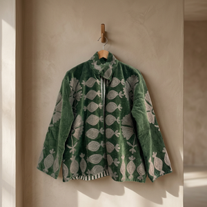 Blazer vert en velours brodé pour femme avec motif floral, col montant, manches longues, fermeture éclair, vêtement d'extérieur d'automne, vente en gros - Product Image 3
