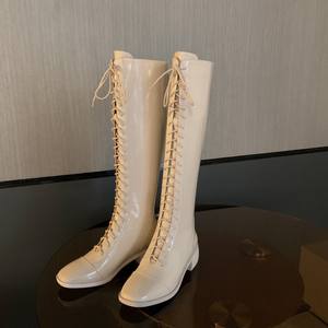 <span class=keywords><strong>Stivali</strong></span> Alti al Ginocchio da <span class=keywords><strong>Donna</strong></span> in <span class=keywords><strong>Pelle</strong></span> Nera con Punta Tonda e Tacco Basso in Velluto Allacciati - Product Image 3