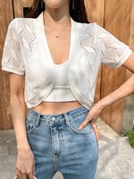 Cardigan court à manches bouffantes pour femme, col en V, devant ouvert, boléro, tricot léger