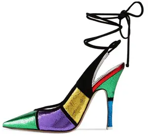 Nieuwe Collectie Lace Up Kleurrijke Patent PU Vrouwen Modieuze Pompen Schoenen Wees Teen Hoge Hakken Voor Dames