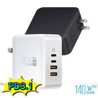 Nouveau Design 140W PD3.1 Gan Chargeur 3C Mur Ordinateur Portable USB C Adaptateur 4 Ports Pliable 3PDT Commutateur OTP Protection SCP Fonction US Plug
