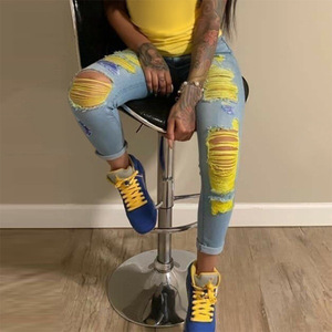 <strong>Women</strong> High Waist Skinny <strong>Jeans</strong> Holes Streetwear Denim Pencil Pants Female <strong>Yellow</strong> Ripped <strong>Jeans</strong> - Product Image 5