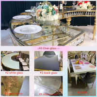Tables de banquet élégantes en verre noir avec cadre en acier inoxydable doré, tables de mariage demi-lune pour les mariés