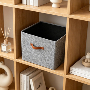 Cesto de Almacenamiento de Fieltro Gris, Cesto de Tela Plegable con Asa de Cuero, Caja Organizadora Plegable para Armario - Product Image 4