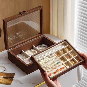 <b>Vintage</b> Style Glass Lid Solid Wood Jewelry <b>Box</b> Multi Compartment Storage For Earrings Bracelets Rings Collectible Organizer - Product Image 1