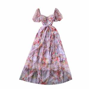 Vestido Midi de Primavera Estilo Hada con Estampado Digital Tejido, Corte A con Volantes, Cintura Imperio, Manga Corta, Morado para Mujer - Product Image 5