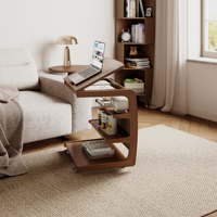 Table d'appoint en bois massif à 4 niveaux en forme de C avec 2 roulettes verrouillables et sac de rangement, mobilier de salon moderne du milieu du siècle BJ014