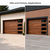 Porte de garage automatique à enroulement en aluminium avec panneaux imitation bois et quatre fenêtres étroites pour projets de villas et d'usines
