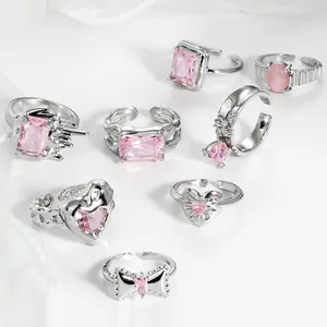 Модное блестящее розовое кольцо с кристаллами, необычное сердце для женщин, фантастическое эстетическое серебряное квадратное кольцо с бриллиантами, Открытое кольцо